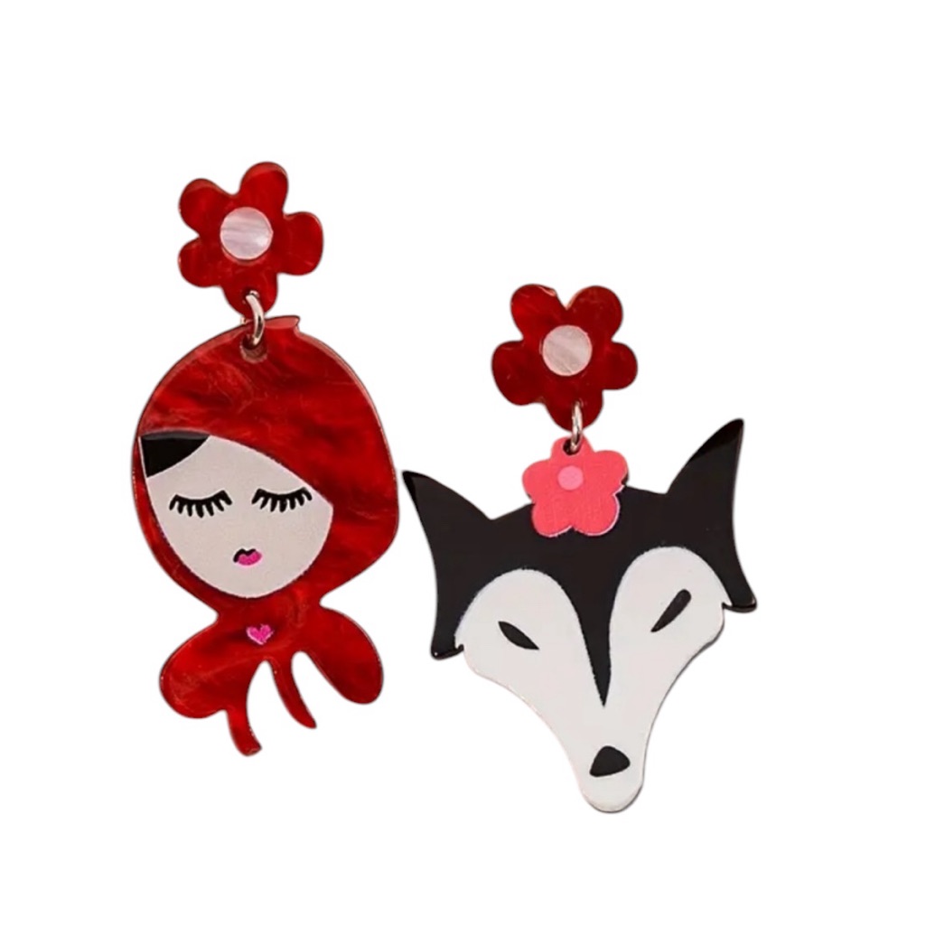 Little Red Riding Hood Big Bad Wolf Design Asymmetric Dangle Earrings 18$
